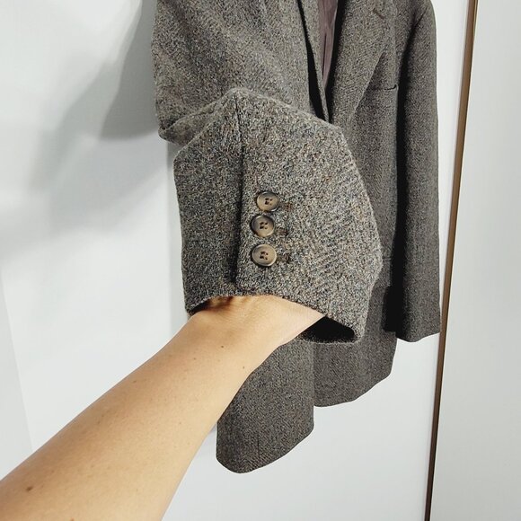 Perry Ellis Brown Grey Tweed 100% Wool Professor Business Casual Blazer Size 42 - Picture 5 of 14
